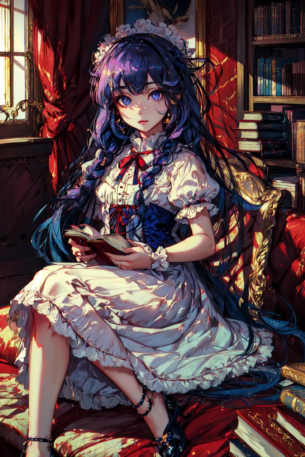 ((extreme wide shot:1)), ((full body:1)), 1girl long hair, small braids:1, blue hair, peony, (best quality, masterpiece), purple black eyes, glowing hair, glowing eye, study roombackground, ((lolita dress)), ((cream color dress)), ((dress, lolita)), ribbon, red ribbon, sitting on a study chair, sitting ,perfecteyes, (((detailed face, detailed eyes, detailed))), ((crowded by books:1)), books, old hardbound, on the study room:1, ((sitting pose))