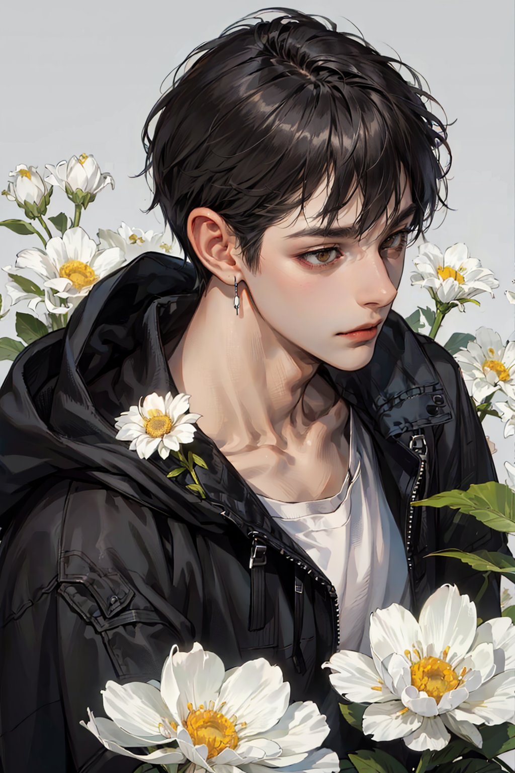 (masterpiece, best quality), 1boy,solo,muscular, adult, hoodie, jacket, black hair, short hair, white flowers