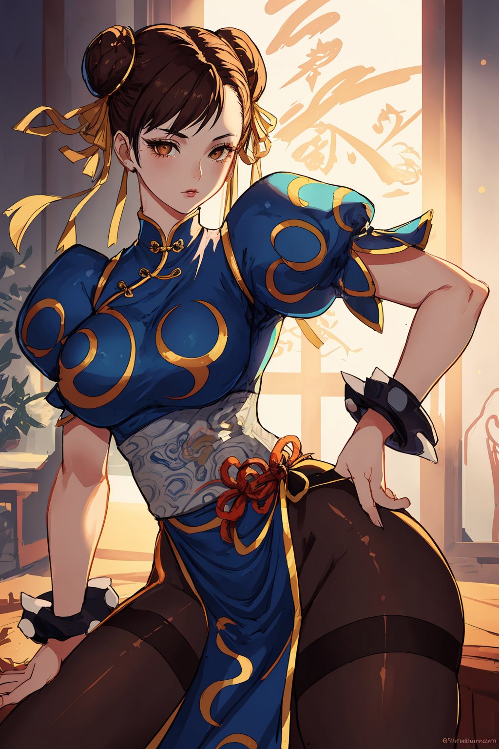 1girl,looking at viewer,sf2 chun li,brown hair,thighs,sexy female,perfect brown eyes ,makeup,yellow ribbon,blue clothes,black pantyhose,chinese clothing,indoor lighting,face lighing, leaning