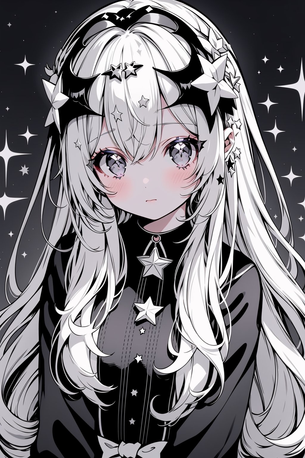 1girl, solo, long hair, looking at viewer, blush, bangs, hair ornament, hair between eyes, monochrome, greyscale, virtual youtuber, star \(symbol\), sparkle, crescent, portrait, star hair ornament, crescent hair ornament,masterpiece
