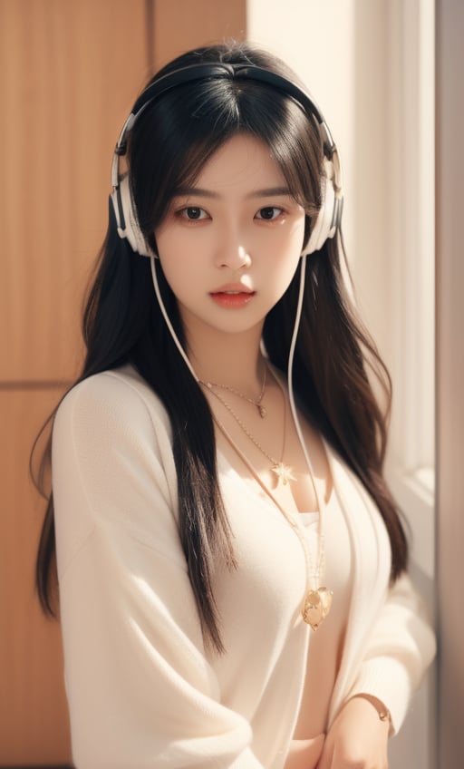 1girl, solo, long hair, looking at viewer, black hair, jewelry, necklace, black eyes, lips, headphones, ring, realistic