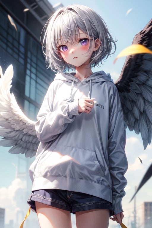 1girl, solo,purple eyes,white wings,hoodie,silver hair,short_hair 