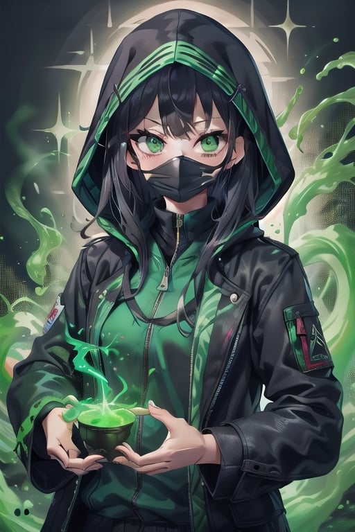 1girl, solo, long hair, breasts, looking at viewer, bangs, black hair, green eyes, jacket, upper body, open clothes, hood, open jacket, black jacket, mask, hooded jacket, hood up, hands in pockets, mouth mask, respirator,best quality,aura poison green, aura viper,masterpiece,incredibly absurdres,venom,ven0mancer