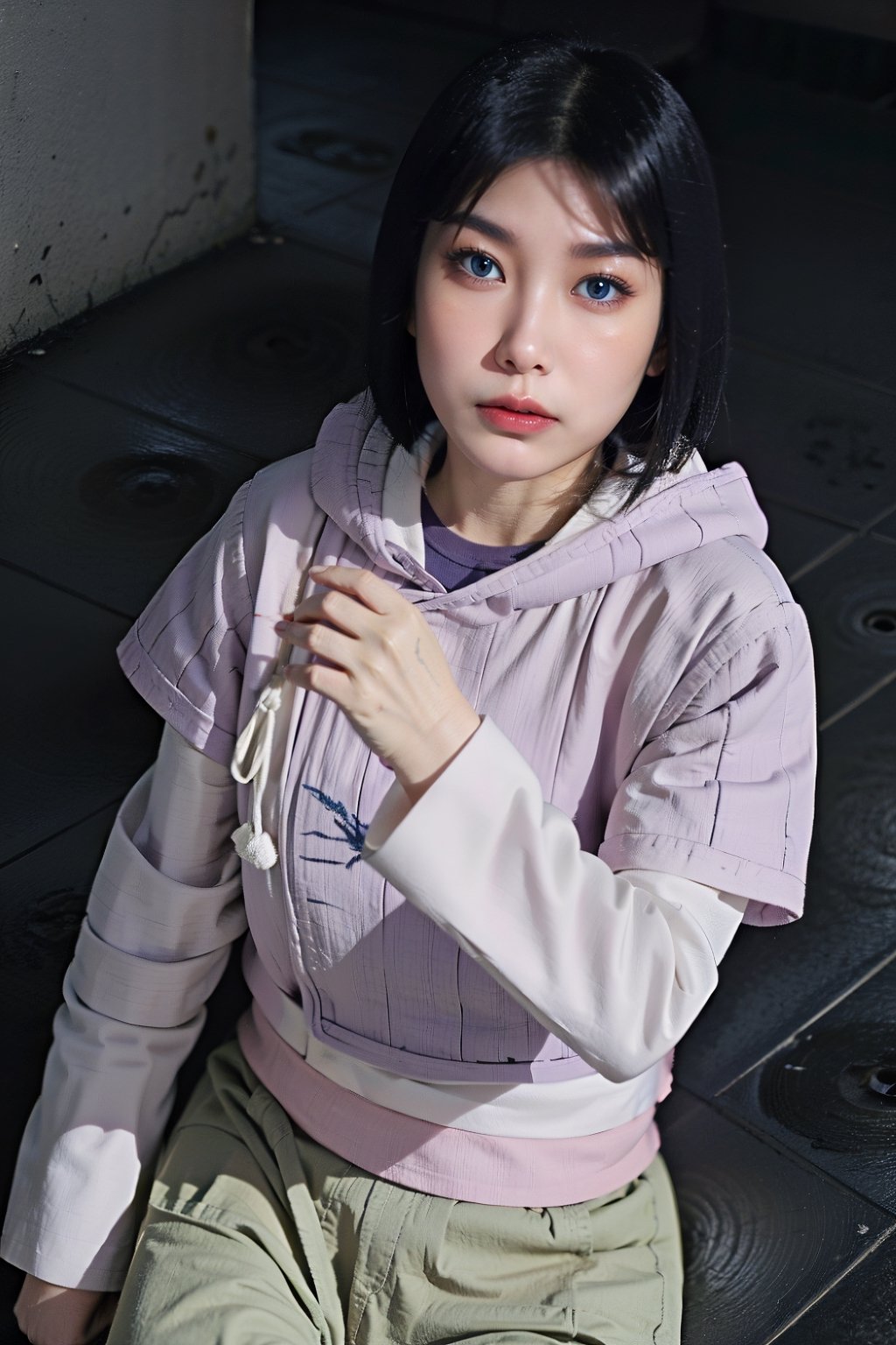 1girl, solo, mature female, shot from above, top view, 

hinata\(boruto\), purple hoodie, layered sleeves, brown pants, 

Dynamic dance, outdoors, traditional japanese village, wind, blue sky, bokeh, 

AiMi, perfect skin, detailed skin,