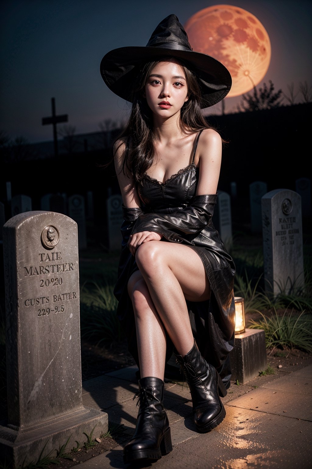 1girl, slender, witch, boots,
night, graveyard, red moon,
looking_at_viewer, perfect eyes, perfect skin, detailed skin,