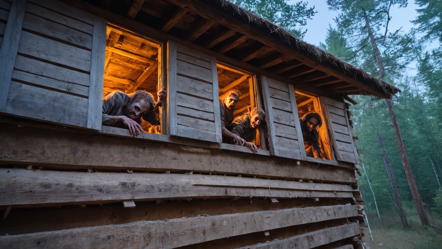 (((Extremely realistic photo))), ultra detailed, aesthetic, masterpiece, best quality, sharp focus, dark elegant, brutalist designed, vivid colors, dramatic ligting, cinematic, 8k, ((crazy zombie people with ugly faces are climbing into the boarded up windows of an old forest hut, tearing off the boards from the boarded up windows)), ((night forest background)), view from the back