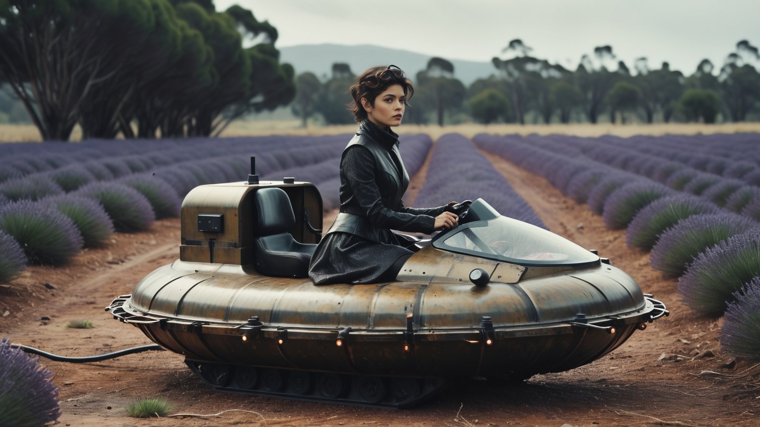 (((full body sexy cyberpunk android with mechanical parts Audrey Tautou sits on a futuristic hovercraft flying vehicle near a large electric charging station))), ((vintage dystopian landing pad in the middle of a lavender field background)), ((lighting dust particles)), horror movie scene, best quality, masterpiece, (photorealistic:1.4), 8k uhd, dslr, masterpiece photoshoot, (in the style of Hans Heysen and Carne Griffiths),shot on Canon EOS 5D Mark IV DSLR, 85mm lens, long exposure time, f/8, ISO 100, shutter speed 1/125, award winning photograph, facing camera, perfect contrast,cinematic style
