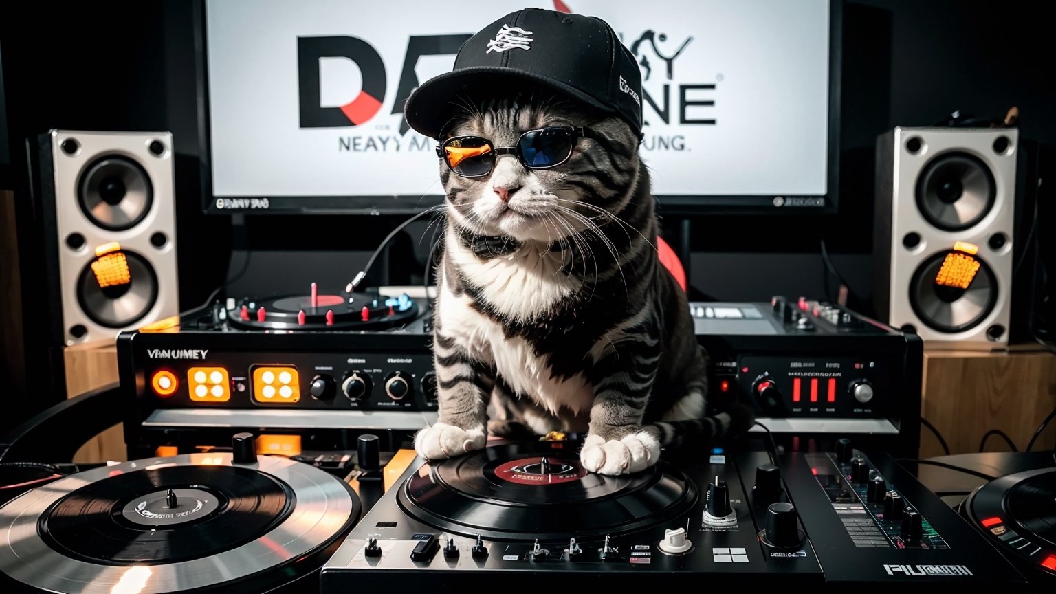 Envision an adorable and playful scene: gray very fluffy cat of the Nibelung breed sits in front of a DJ equipment, remote control and turntables "Pioneer", dressed in sunglasses and black baseball cap, resembling an fashion little princ