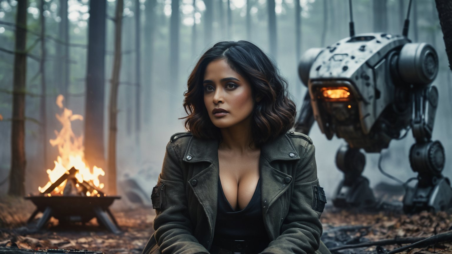 (((sexy cyberpunk android Salma Hayek sits with combat robots by a fire near a futuristic plasma shelter-box))), ((vintage dystopian cyberpunk winter forest background)), ((lighting dust particles)), horror movie scene, best quality, masterpiece, (photorealistic:1.4), 8k uhd, dslr, masterpiece photoshoot, (in the style of Hans Heysen and Carne Griffiths),shot on Canon EOS 5D Mark IV DSLR, 85mm lens, long exposure time, f/8, ISO 100, shutter speed 1/125, award winning photograph, facing camera, perfect contrast,cinematic style