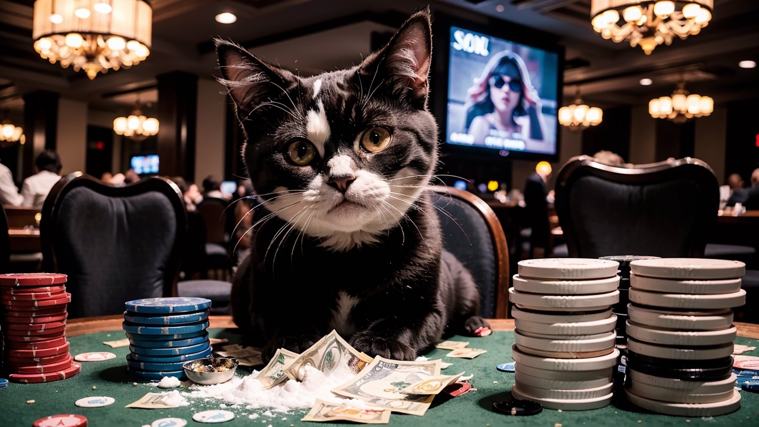 Envision an adorable and playful scene: 1 gray fluffy cat sits in front of a casino table with a lot of White powder on it, there are a lot of dollar bills around, dressed in black sunglasses, ((a lot of White powder on the table)), (((night gangster casino background))), close-up shot