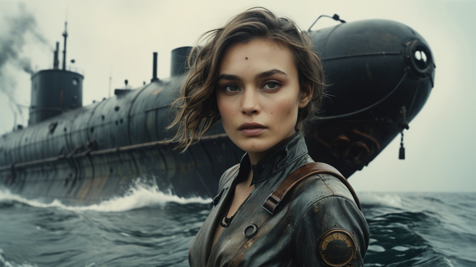 (((sexy cyberpunk android with mechanical parts Keira Knightley stands on the stern of huge atomic submarine))), ((there are anti-ship mines floating around)), ((vintage dystopian sea background)), ((lighting dust particles)), horror movie scene, best quality, masterpiece, (photorealistic:1.4), 8k uhd, dslr, masterpiece photoshoot, (in the style of Hans Heysen and Carne Griffiths),shot on Canon EOS 5D Mark IV DSLR, 85mm lens, long exposure time, f/8, ISO 100, shutter speed 1/125, award winning photograph, facing camera, perfect contrast,cinematic style