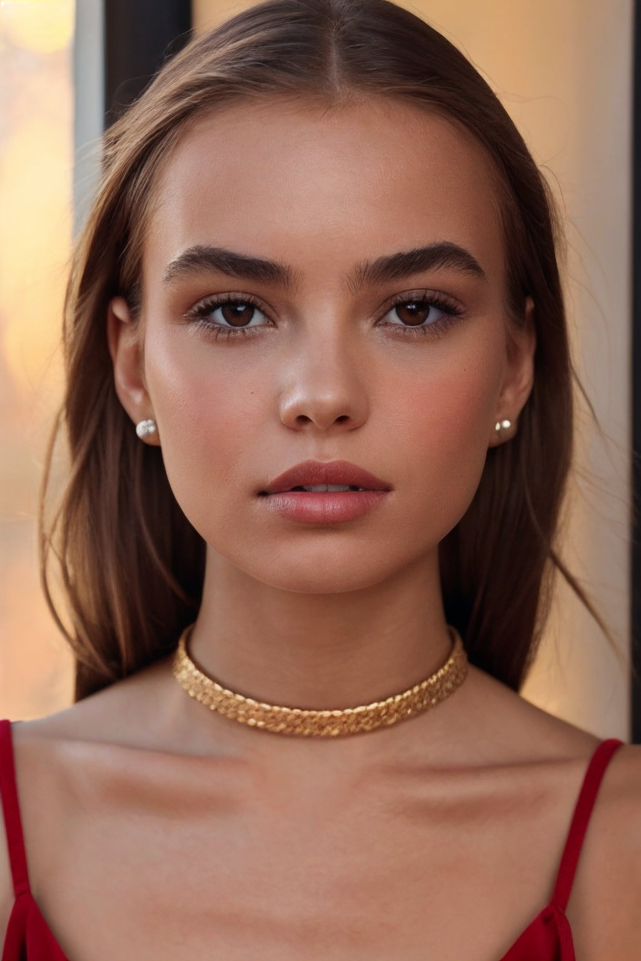 igirl, beautiful 22 year old woman, close up, portrait, black choker, looking slightly away from camera,  dimly lit, sitting in a room by a window, bathed in golden sunlight, dark walls, stud earrings, women's watch,  best quality, amazing quality, very aesthetic, (petite), insanely detailed eyes, insanely detailed face, insanely detaled lips, insanely detailed hands, insanely detailed hair,  insanely detailed skin, long brown hair, brown eyes, red lipstick