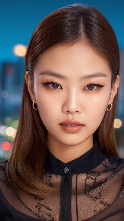  A strong and captivating Korean woman with a beautiful face and amazing brown eyes. Her long, brunette hair,(selfie shot),  close up portrait, brunette (brown-eyed woman) walking in a bar RAW uhd portrait photo, natural breast_b, on the bed, (black a shirt), (crack), detailed (texture!, hair!, shine, color!!, flaws: 1.1), highly detailed glowing eyes, (looking at camera), specular light, dslr, extreme quality, sharp focus, sharp, dof, Film grain, (centered), Fujifilm XT3, crystal clear, center of frame, cute face, sharp focus, street lamp, neon lights, bokeh, (dark light), low key, night, (night sky ) detailed skin pores, brown, complex eye details, zoom out,smile,in the style of illusory wallpaper portraits, colorful realism, modular, intense close-ups, uhd image, mosaic-inspired realism, ultra high detail, ultra-high resolution , sharp detail, hyper realistic,sharp focus, perfect detail anatomy, perfect detail face , perfect detail , eyes , octane rendering , 8k , masterpiece , best quality,danger atmosphere,serious look,by Diamond
