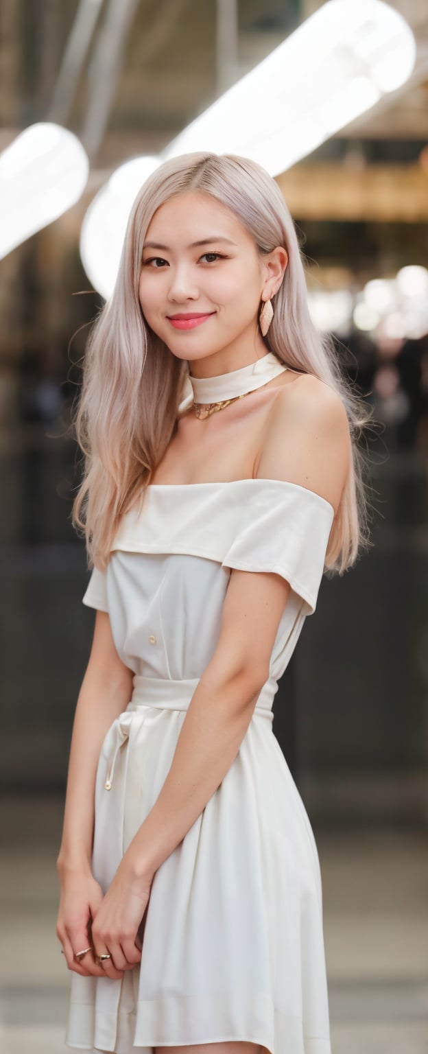 (photorealistic, raw photo:1.2), hyperrealism, ultra high res, Best quality, masterpiece, 8k, bright backlighting, realistic light, 
a  20 year old Korean girl, smile, white hair, 
In the image, the woman stands confidently, It's daytime, likely midday, given the natural light's brightness and the clear blue sky with minimal clouds in the background. Soft shadows suggest the light isn't directly overhead but perhaps late morning or early afternoon. Her expression is pleasant, with a subtle smile and eyes meeting the camera, reflecting a warm and engaging personality.

She's in an open space that feels expansive, on a flat surface that could be a paved urban or suburban area. No specific architectural features or landmarks are in sight, offering a clean background that draws attention to her presence. The lighting brings out the scene's true-to-life colors, enhancing the visual appeal of the setting.

The woman in the photograph is wearing an elegant, off-the-shoulder, sheath-style dress in a soft, creamy white tone. The dress is designed with a gentle, draped neckline that suggests a cowl-like effect, enhancing the garment's fluidity and grace. It features a snug fit that contours to her figure, accentuating a slender waist before proceeding into a straight fall, which is likely to continue down to a full-length hem. The fabric appears to be satin or a satin-like material, given its smooth texture and the way it catches the light, giving off a subtle sheen.

Her pose is poised and graceful, with her left arm bent at the elbow, and her hand gently raised in a soft wave, implying a gesture of greeting or acknowledgement. She has a delicate build with balanced proportions and a statuesque posture that complements the sophisticated attire.

Adorning her neck is a choker-style necklace, which is simple yet statement-making, possibly made of silver or a similar reflective metal, contributing to her polished look. Her hair is styled in a natural, straight manner with a slight parting to one side, and she wears minimal earrings that do not detract from the overall simplicity and elegance of the ensemble.,Masterpiece