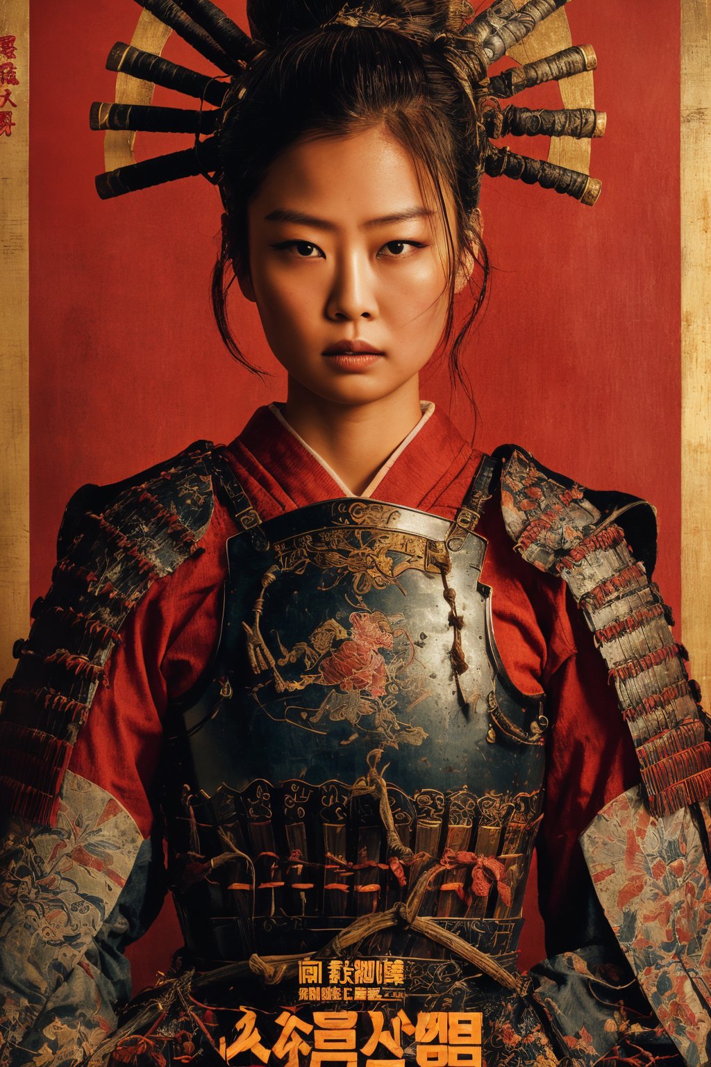 portrait, , extreme detail description, Akira Kurosawa's movie-style poster features a close-up shot of a 28-year-old girl, embodying the samurai spirit of Japan's Warring States Period, An enigmatic female Korean samurai warrior, clad in ornate armor , This striking depiction, seemingly bursting with unspoken power, illustrates a fierce and formidable female warrior in the midst of battle. The image, likely a detailed painting, showcases the intensity of the female samurai's gaze and the intricate craftsmanship of his armor. Each intricately depicted detail mesmerizes the viewer, immersing them in the extraordinary skill and artistry captured in this remarkable ,Masterpiece