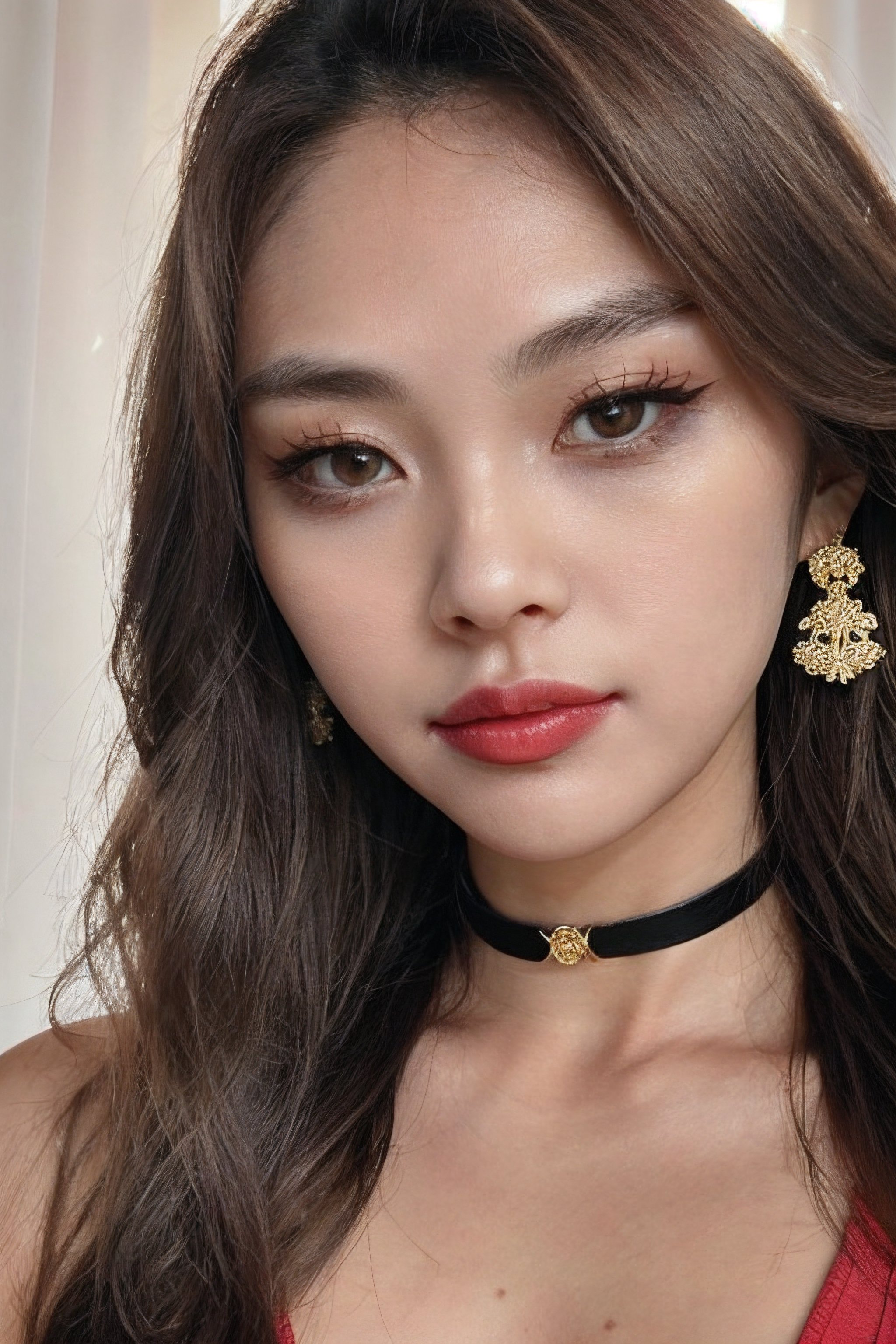 igirl, beautiful Korean woman, close up, portrait, black choker, looking slightly away from camera,  dimly lit, sitting in a room by a window, bathed in golden sunlight, dark walls, stud earrings, women's watch,  best quality, amazing quality, very aesthetic, (petite), ((small breasts)), insanely detailed eyes, insanely detailed face, insanely detaled lips, insanely detailed hands, insanely detailed hair,  insanely detailed skin, long light brown hair, brown eyes, red lipstick