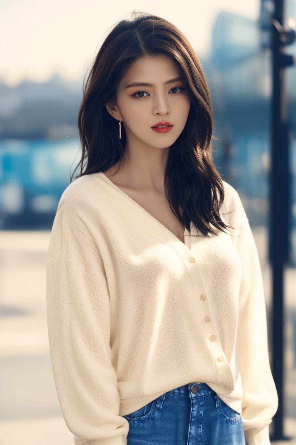 masterpiece, high-quality realistic photo, high resolution photo, high-quality, 8K, natural and soft lighting, high contrast, sharp-focus, upper-body, (detailed face:1.1), in the city,
beautiful-korean-1girl, fair smooth skin, long hair, hair blowing in the wind, dull bangs, red lips, small breasts, small earing,                                                                                    
(white sweater, jeans),Realism,Detailedface,Masterpiece