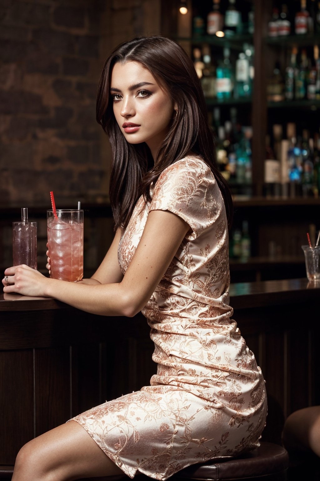 (masterpiece, top quality, best quality, official art, beautiful and aesthetic:1.2), hdr, high contrast, wideshot, 1girl, beautiful woman, looking at viewer, relaxing expression, brown hair, soft make up, ombre lips, finger detailed, BREAK wearing a cocktail dress, sitting at a bar, legs crossed, taken from the side, BREAK frosty, ambient lighting, extreme detailed, cinematic shot, realistic ilustration, (soothing tones:1.3), (hyperdetailed:1.2),Masterpiece