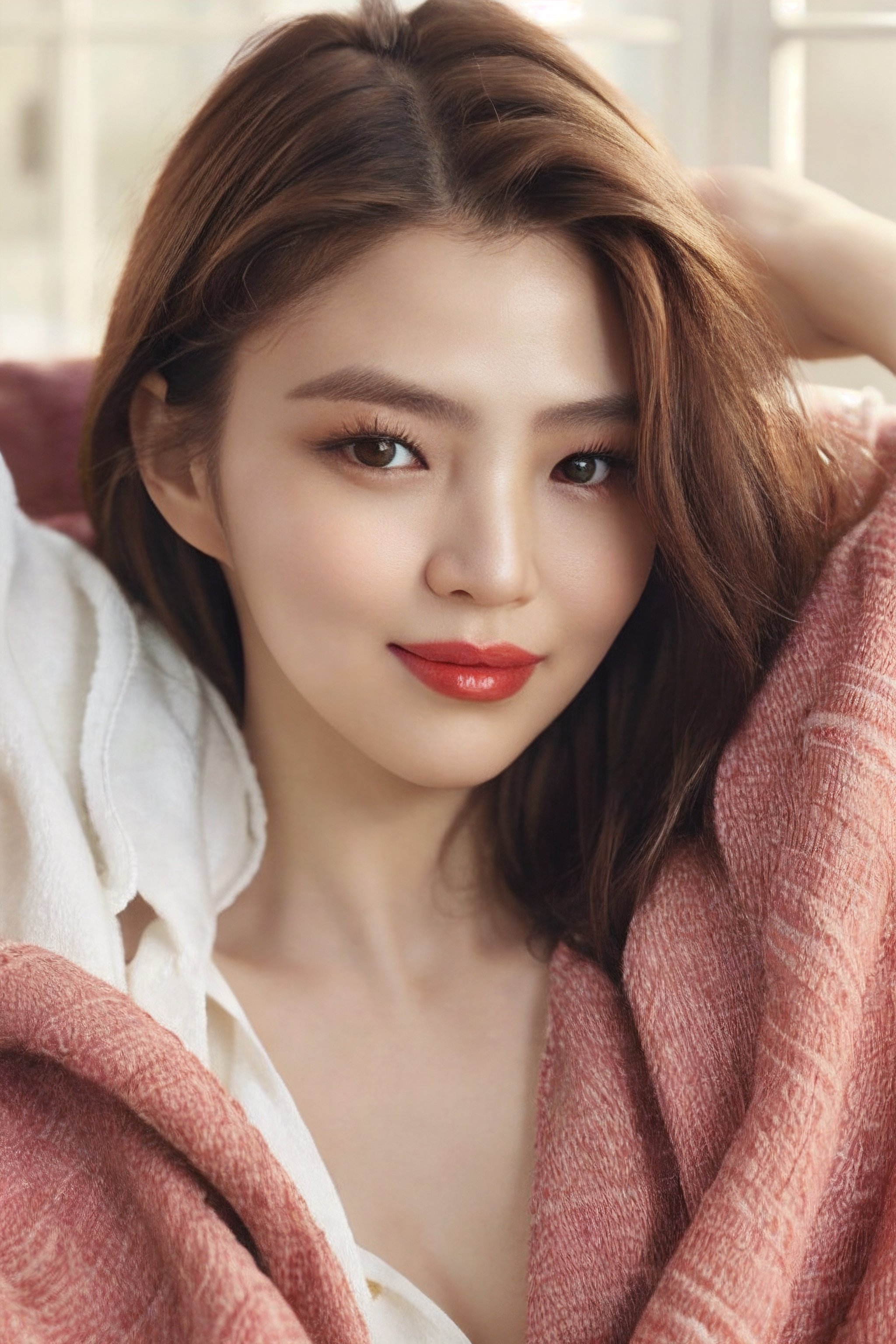 igirl, beautiful korean woman, close up, portrait, big smile, wrapped in a blanket, looking slightly away from camera,  dimly lit, laying on her back in a bed by a window, bathed in golden sunlight, dark walls, best quality, amazing quality, very aesthetic, (petite), ((small breasts)), insanely detailed eyes, insanely detailed face, insanely detaled lips, insanely detailed hands, insanely detailed hair,  insanely detailed skin, brown hair, brown eyes, red lipstick