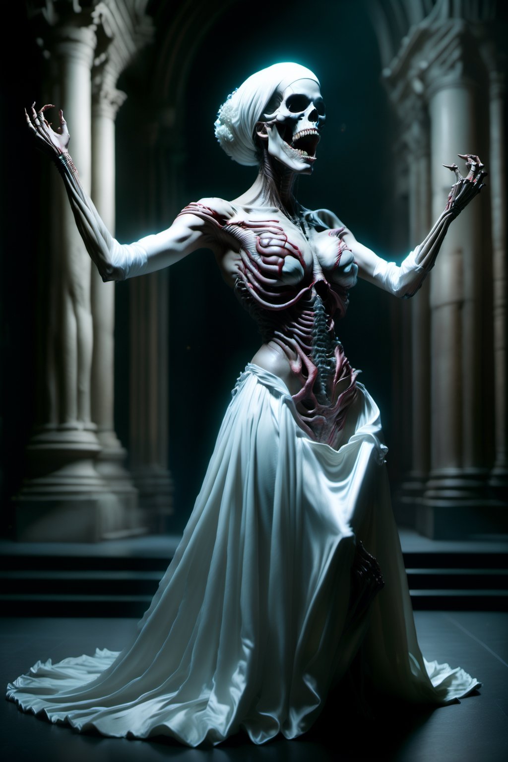 photorealistic Long exposure Shot, a female skeleton in white silk gown singing phanton of opera, in dramatic pose, looking up to the spot light, camera on left side, dramatic lighting. Extremely Realistic,photorealistic