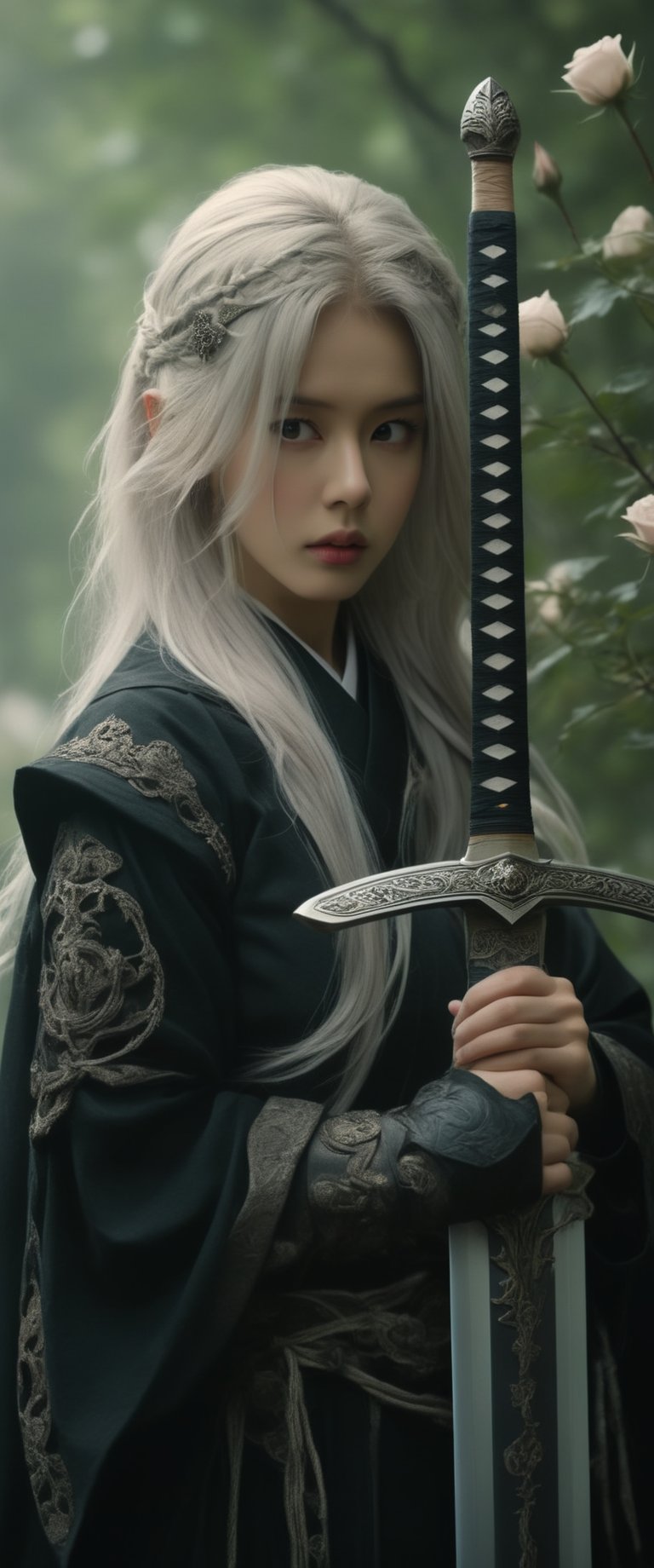 woman in a black robe holding a sword and a rose bush., white-haired deity, beautiful elf in ornate robes, she is holding a sword, ornate Korean polearm behind her, long sword in her hand, holding a sword in her shoulder, holy sword in her hands, with long white hair, long silver hair with a flower, ornate cosplay,koh_yunjung,IMGFIX,extremely detailed,sooyaaa,ct-jeniiii, ct-eujiiin