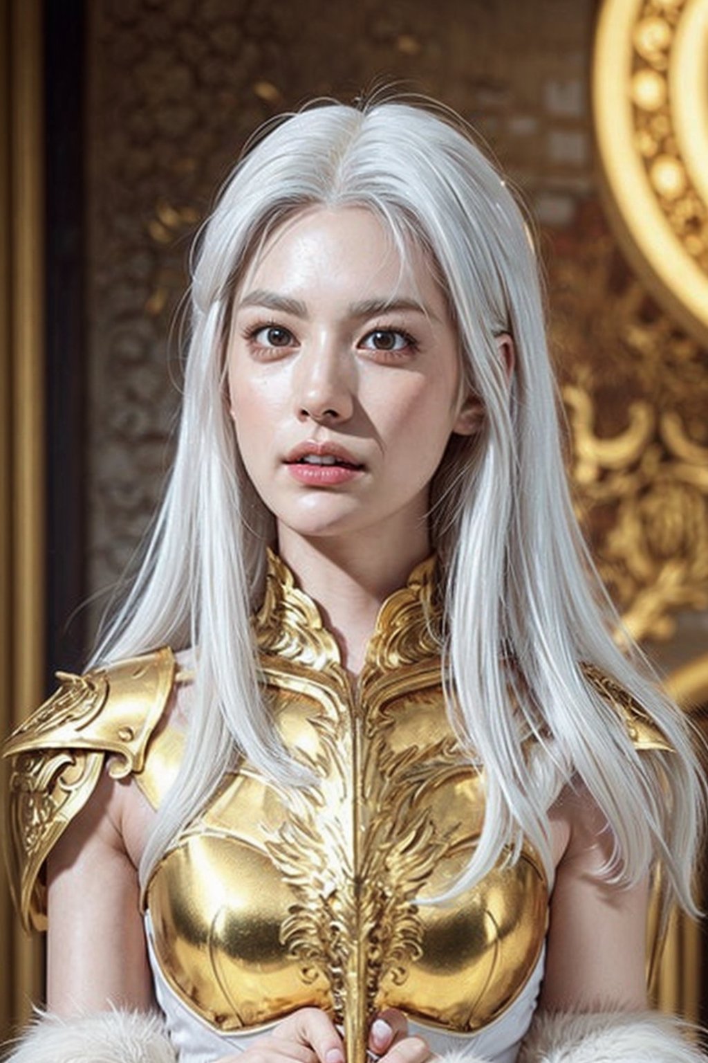 (WHite hair girl in Golden armor:1.5), sexy Warriors, (full body), masterpiece , best quality , ultra detailed , "detailed background" , perfect shading , high contrast , best illumination , extremely detailed , ray tracing , realistic lighting effects , (beautiful detailed face , beautiful detailed symmetrical eyes:1.5) , one woman , full lips , light smile , longt-hair , long_white-silver_hair, best lighting , full_length_portrait, dragon lying_behind background, ,Dragon,YeaJi Seo,bibilorashy,kimtaeri,nana