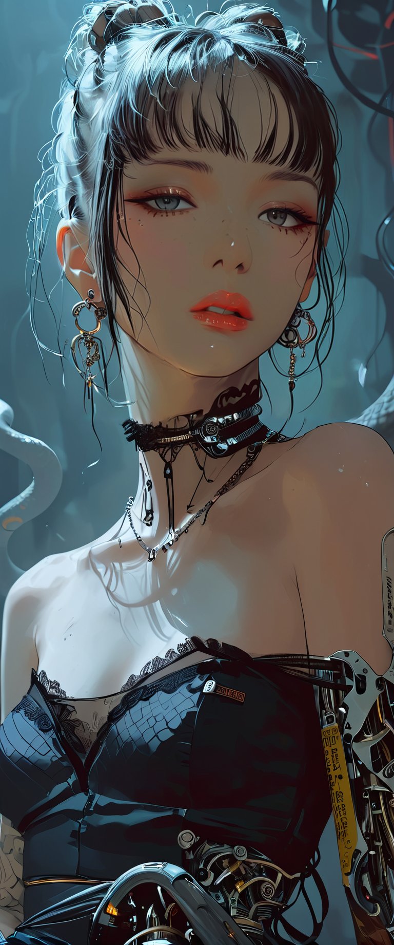 A femme fatale cyborg, mechanical parts, ((mechanical joints, mechanical)) sits solo in a smoky cyberpunk club, petting a snake  as it gazes directly at the viewer. Her short hair and bangs frame her striking features, adorned with jewelry and a black choker. She dons a revealing seethrough kimono, paired with Japanese-style earrings. A cigarette dangles from her lips as she exudes an air of sexy sophistication, surrounded by the dark, gritty atmosphere of Conrad Roset's style. txznmec,score_9,ct-virtual