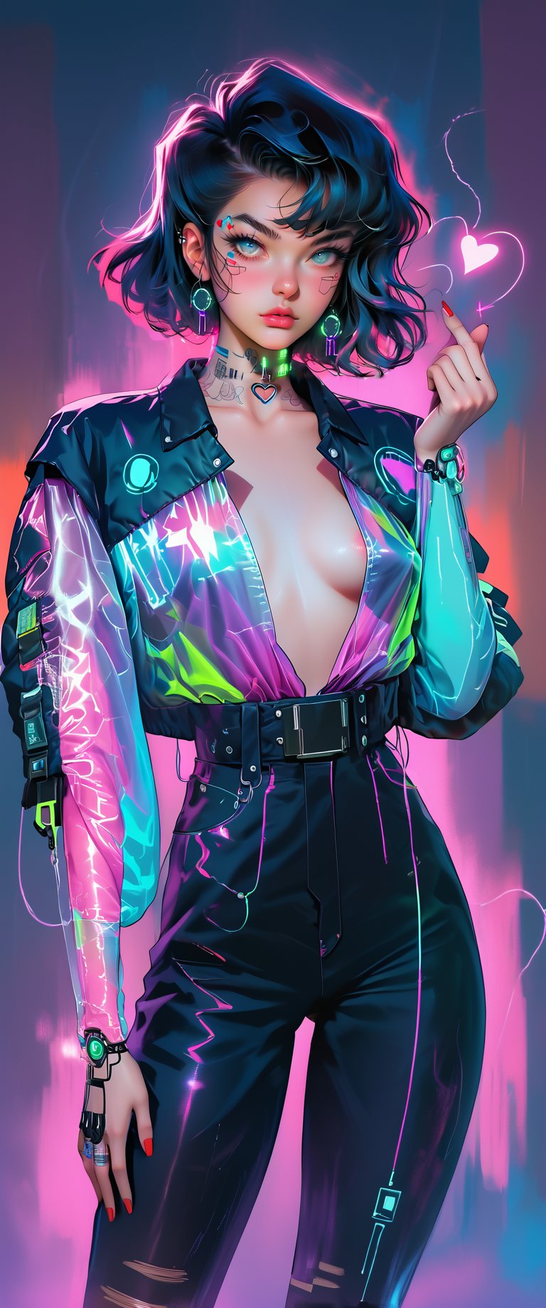 A cyborg girl posing seductively in a smoky cyberpunk nightclub. She's wearing a black leather jacket with glowing blue circuits and a plunging neckline, her eyes gleaming like neon lights in the dark. The walls are adorned with retro-futuristic advertisements and pulsating holographic displays. She extends her index finger, giving a sly heart sign to the camera, her bright red nails glistening under the strobing lights.