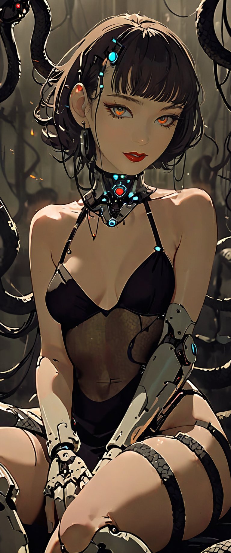 In a dimly lit, smoky cyberpunk club, a femme fatale cyborg sits solo, her mechanical joints gleaming in the flickering light. Her striking features, framed by short hair and bangs, are adorned with jewelry and a black choker. A cigarette dangles from her lips as she pets a snake that gazes directly at the viewer. She wears a revealing seethrough kimono, paired with Japanese-style earrings, and holds a katana surrounded by the dark, gritty atmosphere. Her gaze is sultry, exuding an air of sexy sophistication, as if inviting the viewer to enter her world. The scene is set in a Conrad Roset-inspired style, with a focus on dark, muted tones and industrial textures.,core_9,scary, (masterpiece:1.2),schpicy style