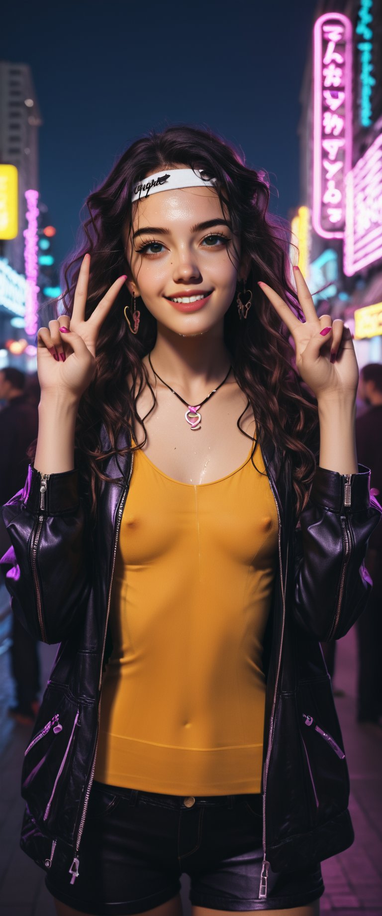 In a vibrant, neon-lit cityscape, a young woman with long, wavy hair and a mischievous grin, stands confidently amidst the urban night. She wears a black vinyl jacket, adorned with chunky chains and a collar of tiny tachuelas. Her white headband is tied around her forehead, holding back her wet locks. A DRONE 26K inscribed yellow tank top clings to her toned physique.

As she proudly holds up her hand in a V sign near her face, two purple hearts are painted on her cheeks, matching the playful tone of her outstretched tongue. Her large, rounded pink earrings bounce with each subtle movement.

The city's towering skyscrapers and bustling streets provide a futuristic backdrop, with neon lights reflecting off the wet pavement. The atmosphere is electric, capturing the carefree essence of this rebellious cyberpunk heroine, standing tall and unapologetic in her freedom and joy.,score_9,ct-virtual,ct-jeniiii