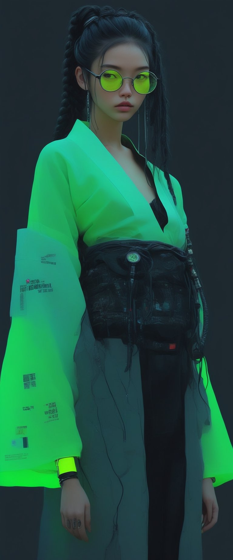 (cyberpunk girl like a samurai in the style of Conrad Roset, Nicola Samori), ultra realistic, (arbitrarily beautiful:1.4), full body, sexy female, (shiny black hair, long braids, neon glasses,transparet kimono),(neon lights) more detail XL, ct-fujiii, ct-goeuun,ct-jeniiii, ct-eujiiin,txznmec,ct-niji2