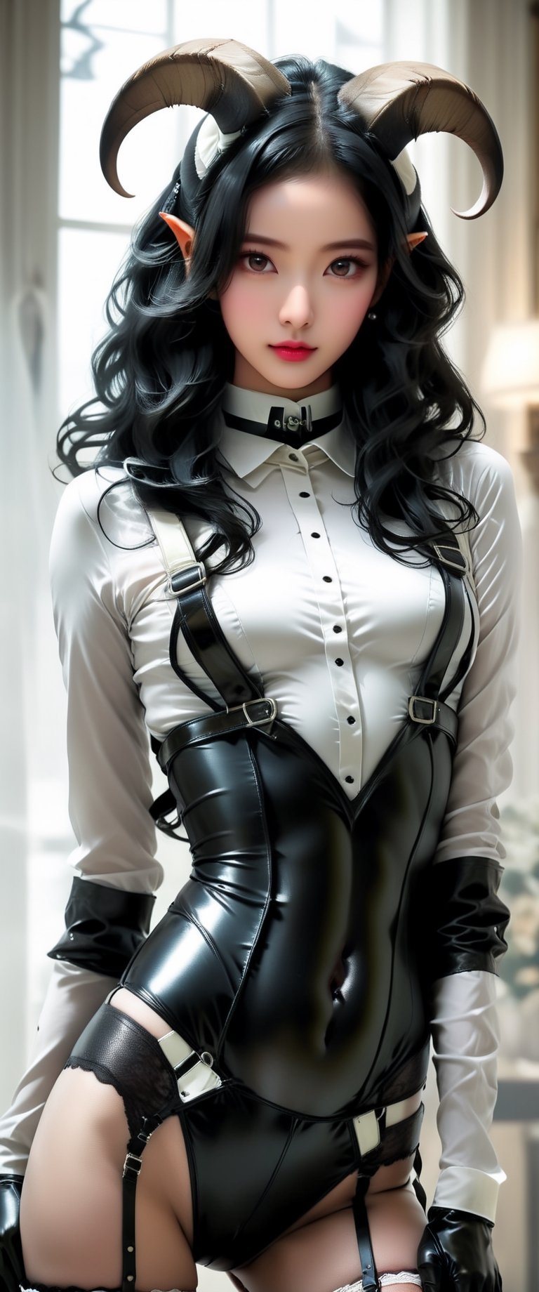((extremely realistic photo)), professional photo,a demon girl  with deep red lipstick and black hair, horns ,wearing a black latex bodysuit with white suspender, gloves, and white stockings with garter belt , with her hands on her hips, (hard black eyeliner), ((realistic and perfect bright brown eyes)), ((ultra sharp focus)), (realistic textures and skin:1.1), aesthetic. masterpiece, pure perfection, high definition ((best quality, masterpiece, detailed)), ultra high resolution, hdr, art, high detail, add more detail, (extreme and intricate details), ((raw photo, 64k:1.37)), ((sharp focus:1.2)), (muted colors, dim colors, soothing tones ), siena natural ratio, ((more detail xl)),more detail XL,detailmaster2,Enhanced All,photo r3al,masterpiece,photo r3al,Masterpiece
,ct-niji2,sooyaaa