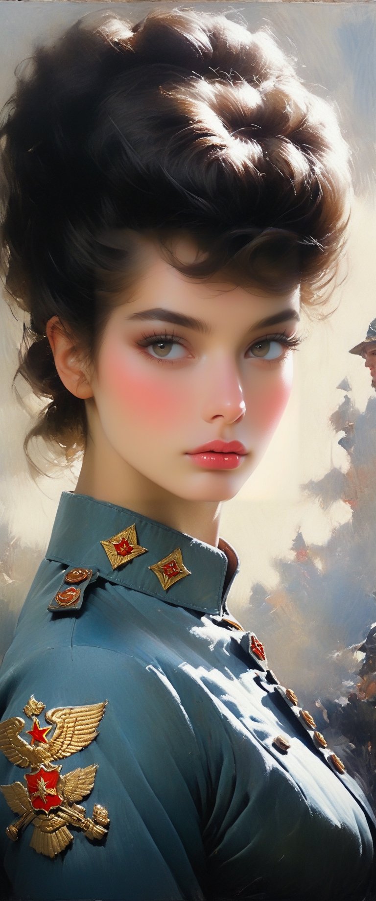 detailed full-length picture, masterpiece, best quality, ultra high resolution, visually stunning, beautiful, award-winning art (), beautiful ))), oil painting Portrait of a beautiful sovietpunk female noble lady in soldier outfit -, detailed face, whole body, Watercolor, trending on artstation, sharp focus, studio photo, intricate details, highly detailed, by greg rutkowski, more detail XL, hyper detailed, realistic, oil painting, by julie bell, frank frazetta, cinematic lighting