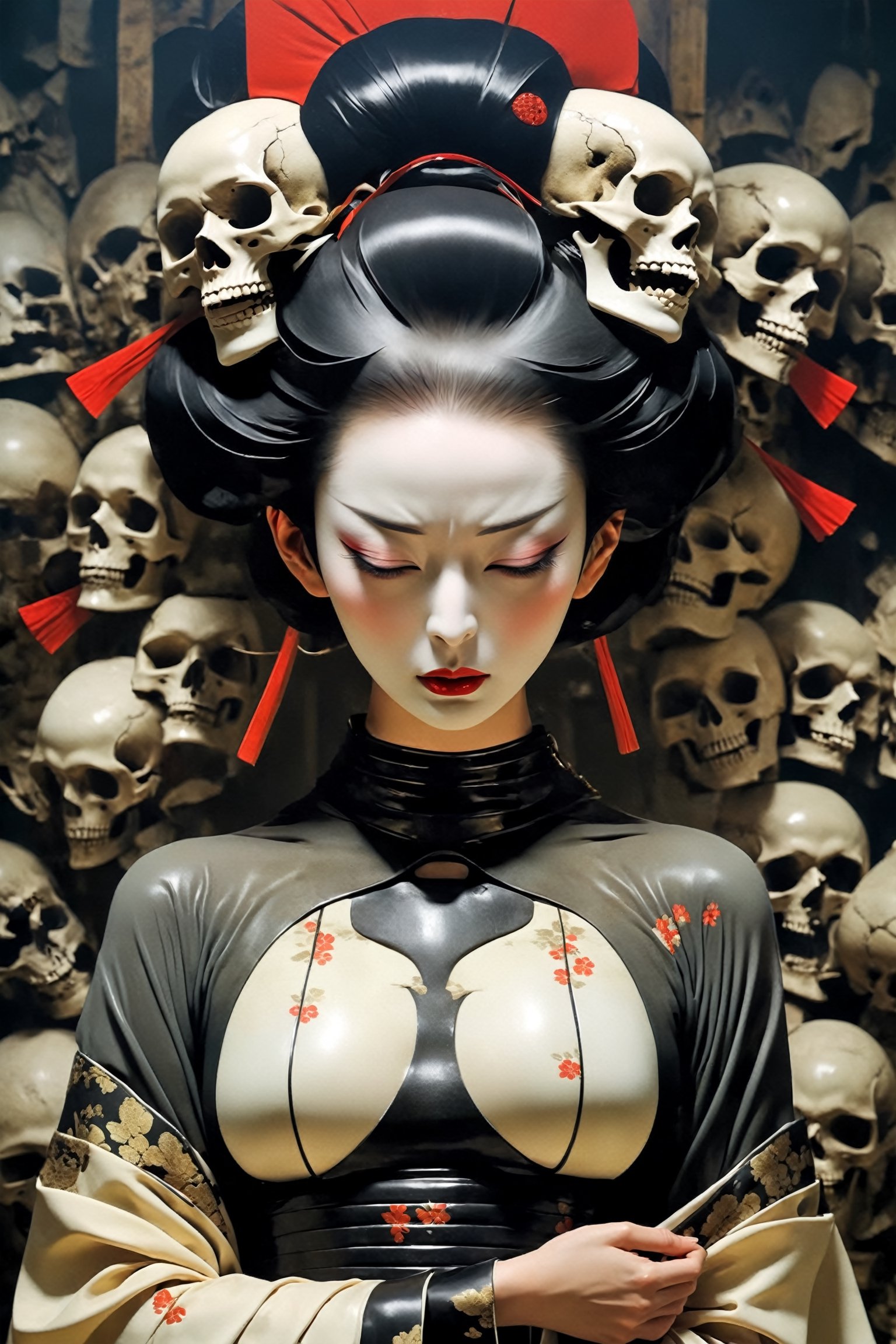 poster of a sexy  geisha [suffering,  burdened by the weight of a deception, burden]  in a  [throne of bones ], ,  very_high_resolution, latex clothing uniform, eye angle view,  , designed by  Dave Mckean,aw0k nsfwfactory,aw0k magnstyle,danknis,sooyaaa,Anime ,IMGFIX

,kwon-nara-xl