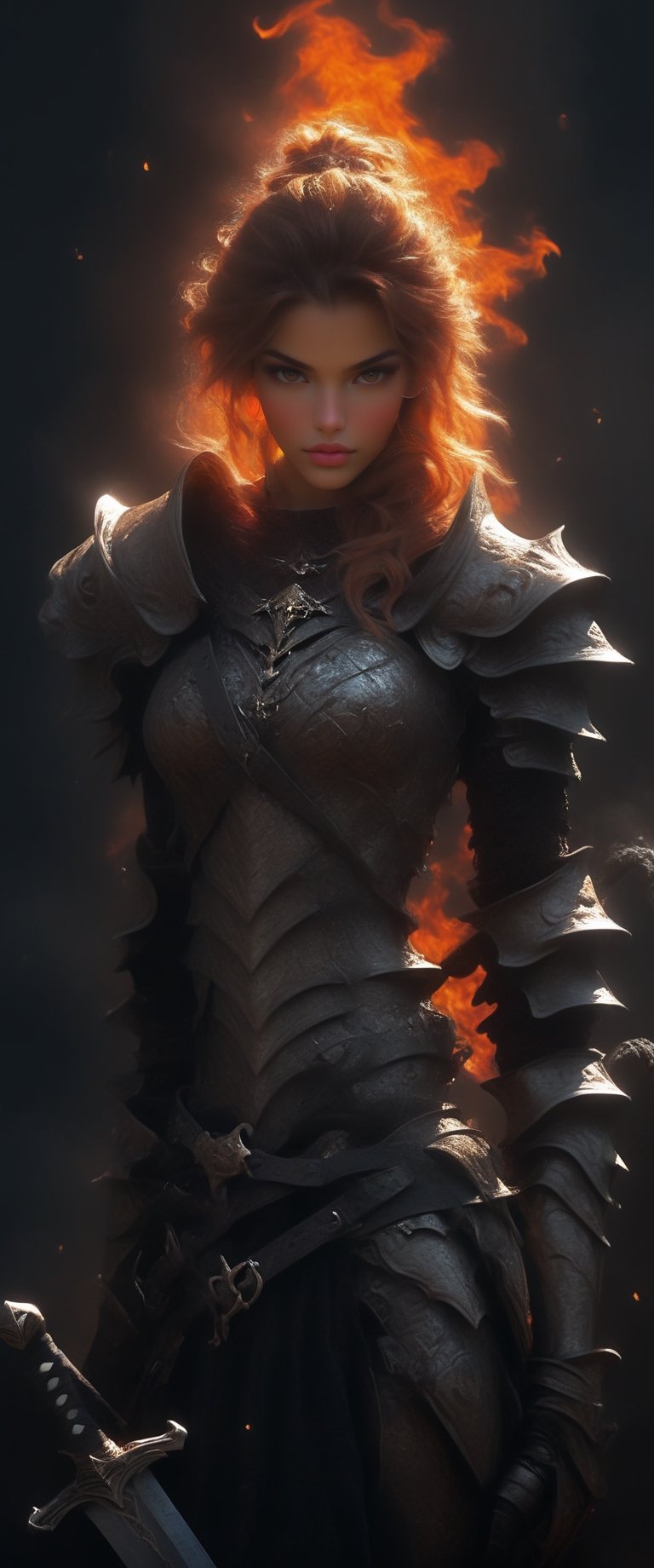  evil woman god  with bone armor, rider of dragons ,the armor has the devil symbol ,holding a longsword in fire, with a bone  crown ,a white cape ,and sunlight behind in the hell, painting canvas style, sharp focus, emitting diodes, smoke, artillery, sparks, racks, system unit, perfect composition, beautiful detailed intricate insanely detailed octane render trending on artstation, 8 k artistic photography, photorealistic concept art, soft natural volumetric cinematic perfect light, chiaroscuro, award - winning photograph, masterpiece, oil on canvas, raphael, caravaggio, greg rutkowski, beeple, beksinski, giger,ct-niji2,ct-drago