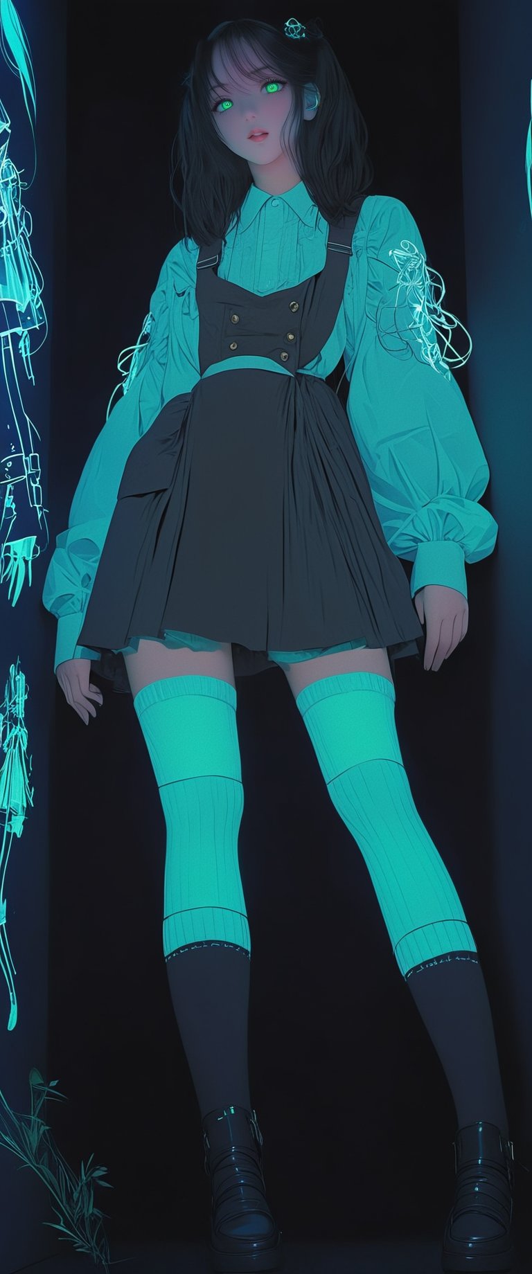 STICKER ON A WHITE BACKGROUND. green holographic silhouette, knee socks. I'm standing in a room with holograms. anime waifu. Stylish. Cute, hot, shiny. Highly detailed uhd anime wallpaper, cel digital animation

