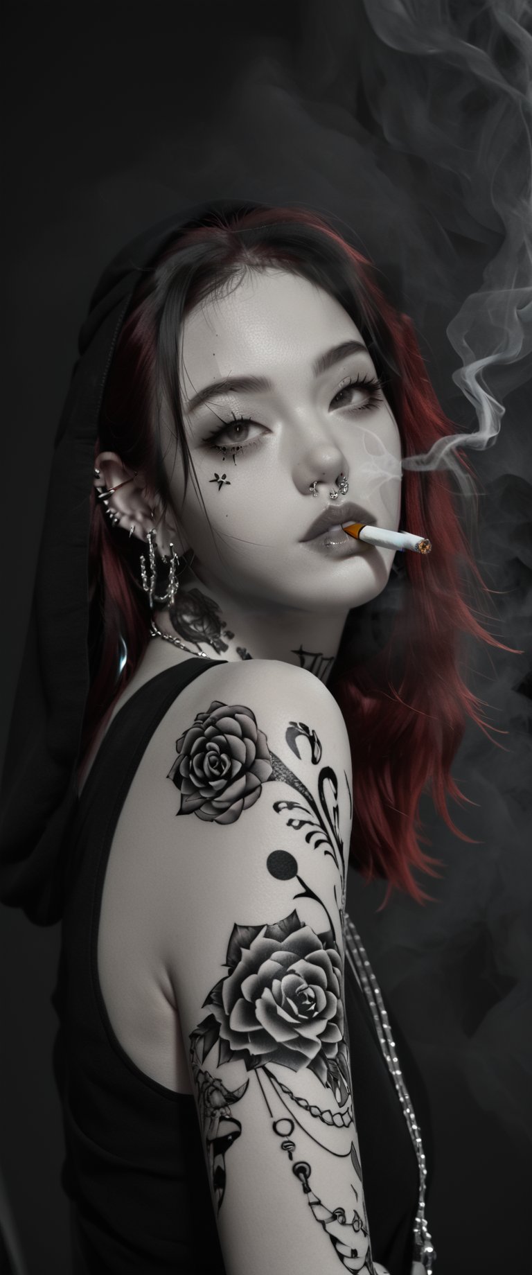 solo, long hair, looking at viewer, 1 girl, holding, jewelry, monochrome, greyscale, female focus, earrings,, hood, tattoo, piercing, ear piercing, portrait, hood up, smoke, cigarette, smoking, arm tattoo, neck tattoo, lip piercing, hand tattoo