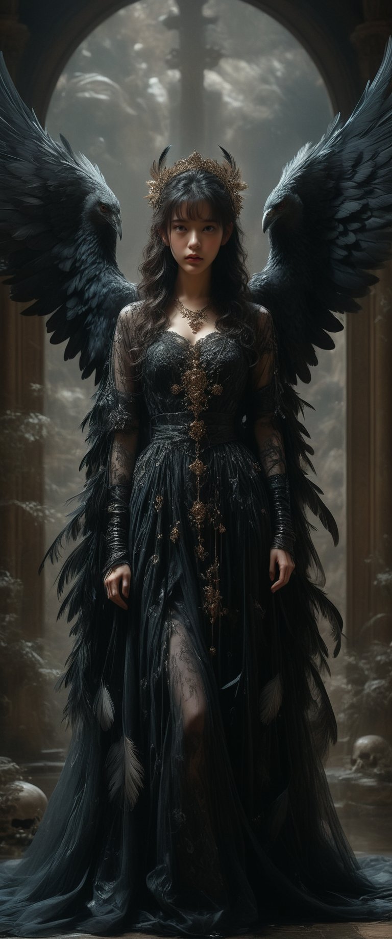 breathtaking ethereal RAW photo of female, (((by John Collier, John William Waterhouse, pinup style, silver, gold), A girl wearing a long black wedding dress, church, baroque style, detailed feathers, huge wings, full body, big scene, super realistic,



 )), dark and moody style, perfect face, outstretched perfect hands. masterpiece, professional, award-winning, intricate details, ultra high detailed, 64k, dramatic light, volumetric light, dynamic lighting, Epic, splash art .. ), by james jean $, roby dwi antono $, ross tran $. francis bacon $, michal mraz $, adrian ghenie $, petra cortright $, gerhard richter $, takato yamamoto $, ashley wood, tense atmospheric, , , , sooyaaa,IMGFIX,Comic Book-Style,Movie Aesthetic,action shot,photo r3al ,bad quality image,oil painting, cinematic moviemaker style,Japan Vibes,H effect,koh_yunjung ,koh_yunjung,kwon-nara,sooyaaa,colorful,bones,skulls,armor,han-hyoju-xl
,DonMn1ghtm4reXL, ct-fujiii,ct-jeniiii, ct-goeuun,mad-cyberspace,FuturEvoLab-mecha,cinematic_grain_of_film,a frame of an animated film of,score_9,3D,style akirafilm,Wellington22A,Mina Tepes,lucia:_plume_(sinful_oath )_(punishing:_g,VAMPL, FANG-L ,kizuki_rei, ct-eujiiin,Jujutsu Kaisen Season 2 Anime Style,ChaHaeInSL,Mavelle,Uguisu Anko,Zenko