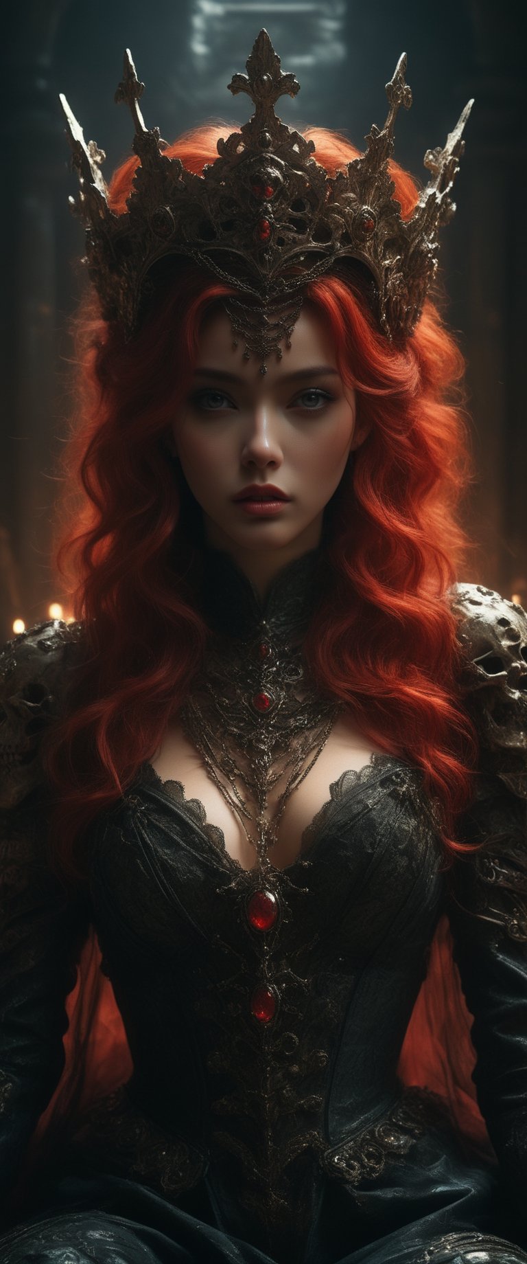 breathtaking ethereal RAW photo of female, (((by John Collier, John William Waterhouse, pinup style, silver, gold), perfect anatomy,The Queen of the Damned sits regally on her throne of black iron and red gems, her presence commanding and formidable. Her legs are crossed elegantly, exuding both power and grace. She wears a magnificent crown that sparkles atop her head, complementing her long, bright red hair that cascades over her shoulders like a fiery waterfall. Her dark makeup accentuates her piercing red eyes, making them glow with an intense, otherworldly light. ,DonMH4ny4XL,
 )), dark and moody style, perfect face, outstretched perfect hands. masterpiece, professional, award-winning, intricate details, ultra high detailed, 64k, dramatic light, volumetric light, dynamic lighting, Epic, splash art .. ), by james jean $, roby dwi antono $, ross tran $. francis bacon $, michal mraz $, adrian ghenie $, petra cortright $, gerhard richter $, takato yamamoto $, ashley wood, tense atmospheric, , , , sooyaaa,IMGFIX,Comic Book-Style,Movie Aesthetic,action shot,photo r3al ,bad quality image,oil painting, cinematic moviemaker style,Japan Vibes,H effect,koh_yunjung ,koh_yunjung,kwon-nara,sooyaaa,colorful,bones,skulls,armor,han-hyoju-xl
,DonMn1ghtm4reXL, ct-fujiii,ct-jeniiii, ct-goeuun,mad-cyberspace,FuturEvoLab-mecha,cinematic_grain_of_film,a frame of an animated film of,score_9,3D,style akirafilm,Wellington22A,Mina Tepes,lucia:_plume_(sinful_oath )_(punishing:_g,VAMPL, FANG-L ,kizuki_rei, ct-eujiiin,Jujutsu Kaisen Season 2 Anime Style,ChaHaeInSL,Mavelle,Uguisu Anko,Zenko