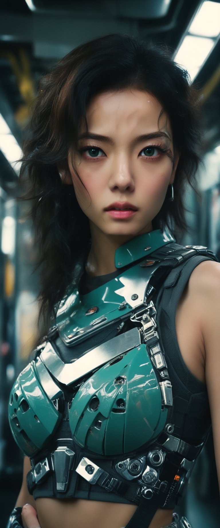 1 young and beautiful girl:1.2)), absurdres, (8k, best quality, masterpiece:1.2), professional photography, dramatic light, (finely detailed face:1.2),(((,, female,official, portrait, modern station  cyberpolice fighter, top quality, highly detailed, intricate, realistic, indoors, Bold Turquoise Silver Green Chartreuse, solarpunk, Crew Cut, Bruneian, masterpiece, Finest details, 8K, HD, HDR, Death Squad, , cowboy shot, perfect face, gorgeous eyes,sooyaaa,cinematic  moviemaker style