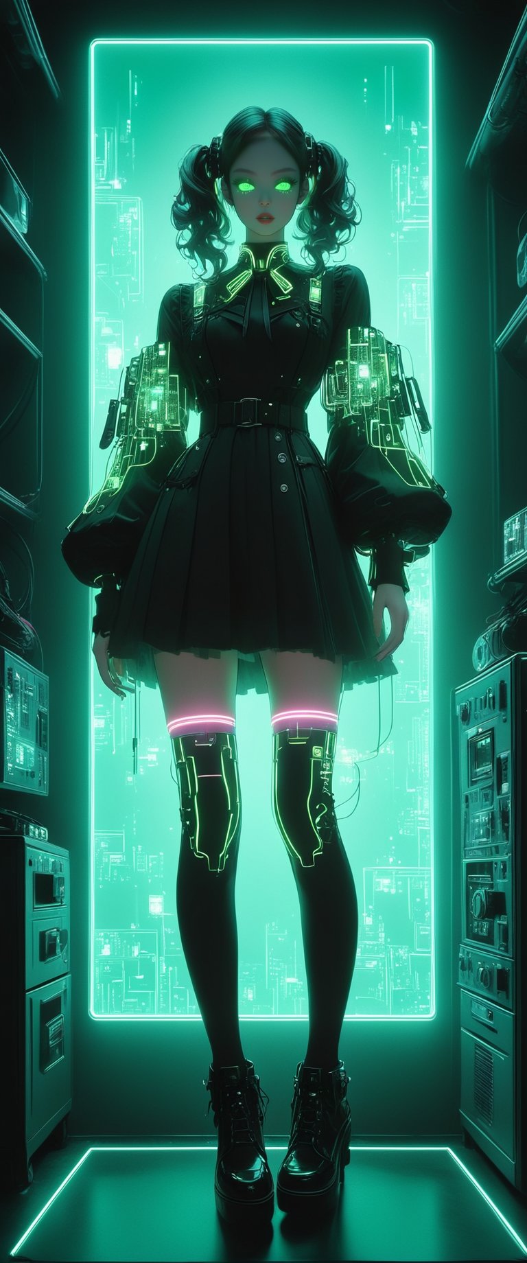 STICKER ON A WHITE BACKGROUND. green holographic silhouette, knee socks. I'm standing in a room with holograms. anime waifu. Stylish. Cute, hot, shiny. Highly detailed uhd anime wallpaper, cel digital animation

,neon photography style,ct-jeniiii,noir