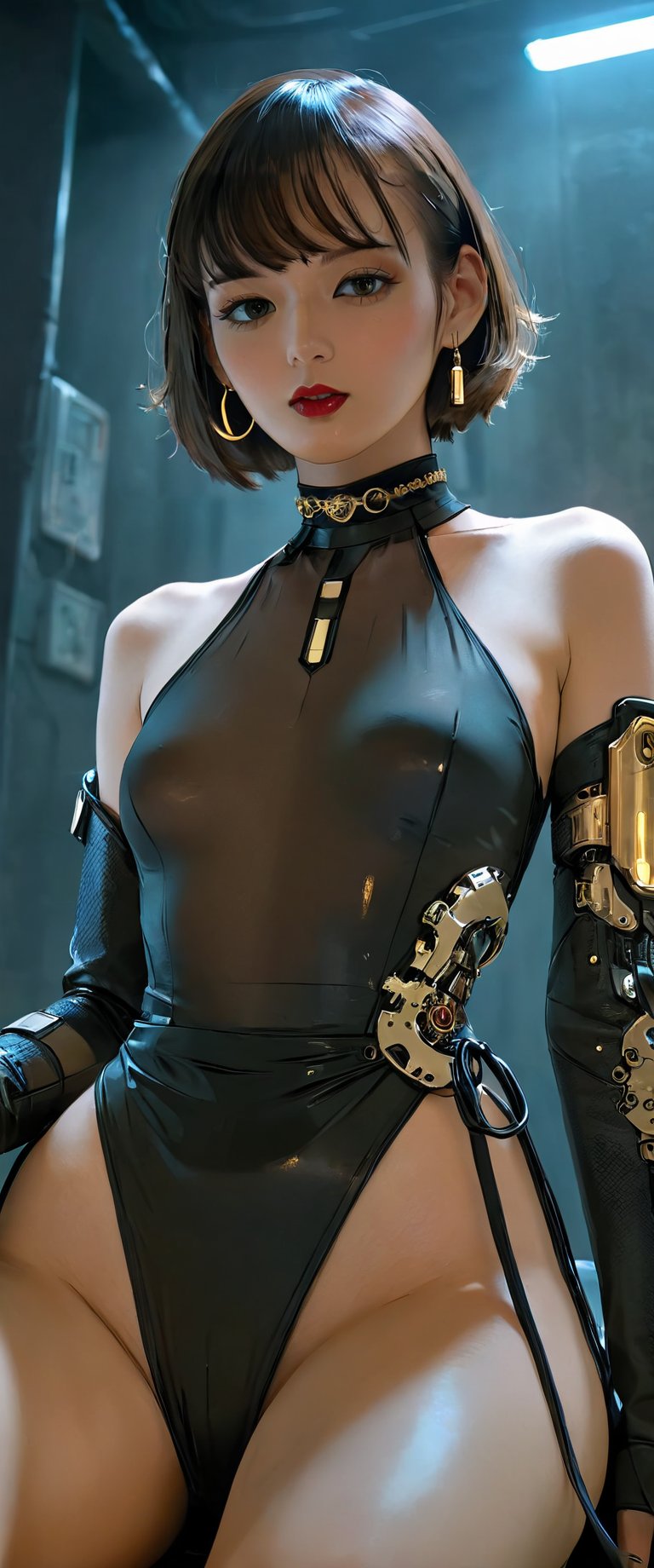 In a dimly lit, smoky cyberpunk club, a femme fatale cyborg sits solo, her mechanical joints gleaming in the flickering light. Her striking features, framed by short hair and bangs, are adorned with jewelry and a black choker. A cigarette dangles from her lips as she pets a snake that gazes directly at the viewer. She wears a revealing seethrough kimono, paired with Japanese-style earrings, and holds a katana surrounded by the dark, gritty atmosphere. Her gaze is sultry, exuding an air of sexy sophistication, as if inviting the viewer to enter her world. The scene is set in a Conrad Roset-inspired style, with a focus on dark, muted tones and industrial textures.,core_9,scary,BG