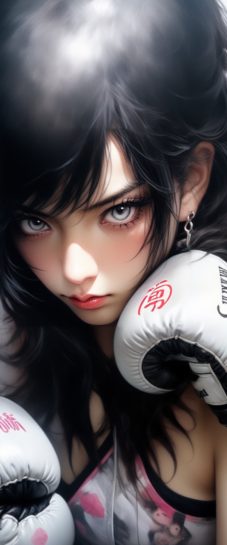 hyper realistic, photo realistic, (close up), comic style, , dark spring, dark kawaii, in a polo biker shorts, ((wearing large boxing gloves)), ,  triple exposure, perfect fingers, perfect body, japanese ink, immaculate composition, dynamic pose, brian viveros, katsuya terada, esao andrews, anne stokes, dynamic pose, dynamic light and shadow, hyperrealism,ct-jeniiii,sooyaaa