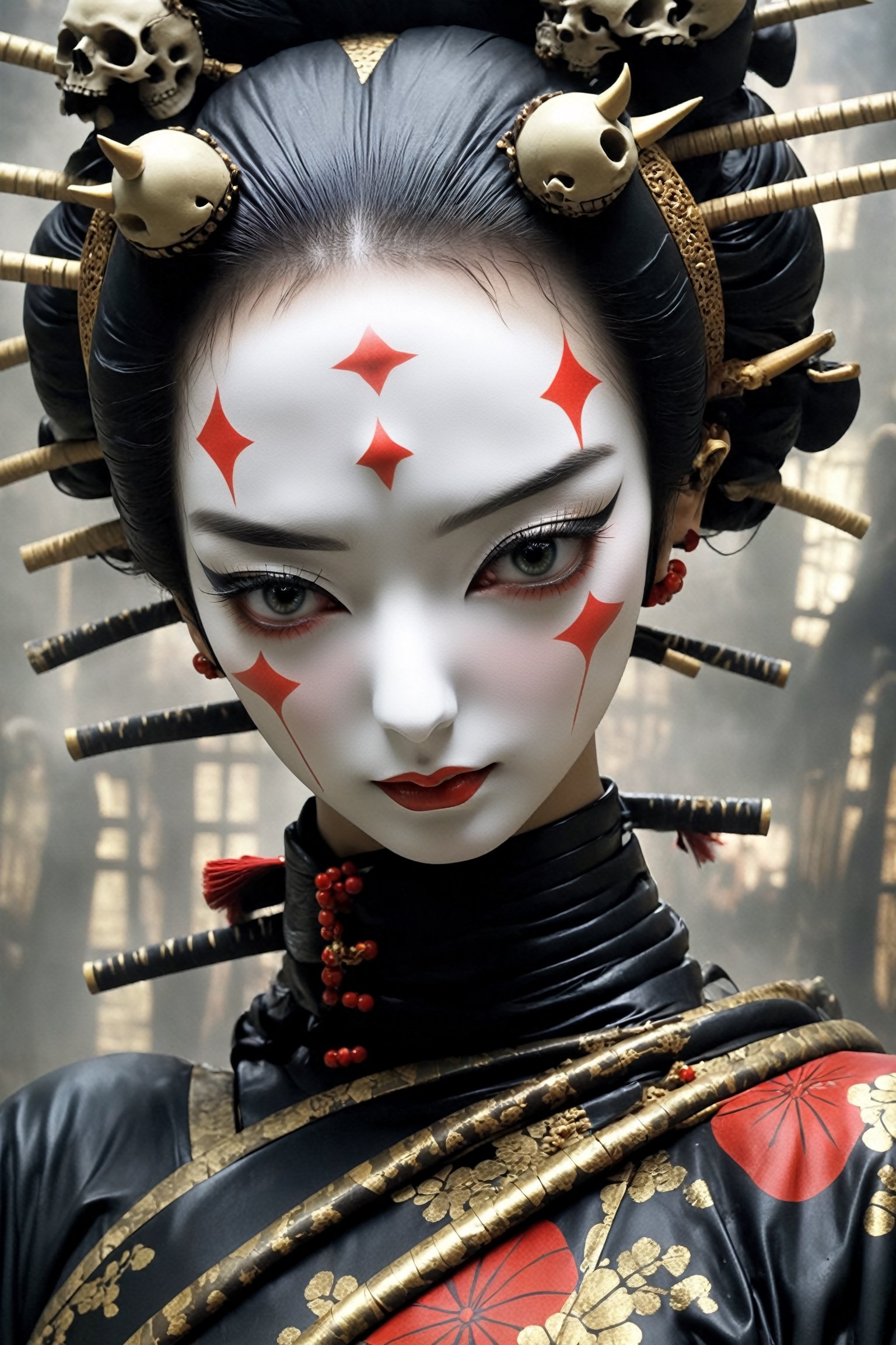 poster of a sexy  geisha [suffering,  burdened by the weight of a deception, burden]  in a  [throne of bones ], ,  very_high_resolution, latex clothing uniform, eye angle view,  , designed by  Dave Mckean,aw0k nsfwfactory,aw0k magnstyle,danknis,sooyaaa,Anime ,IMGFIX

