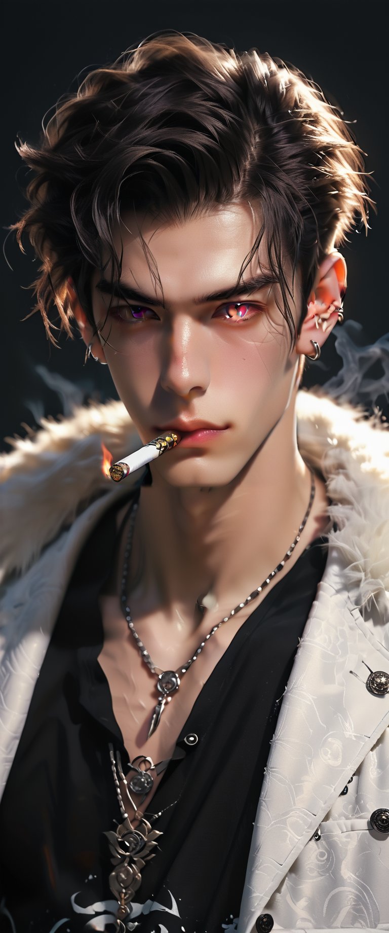 A solo male figure with short hair and piercing pink eyes looks directly at the viewer, dressed in a black shirt with a fur-trimmed jacket draped over his shoulders. He wears fingerless gloves and holds a katana sword across his body, its sheath partially visible beneath his white coat. A cigarette dangles from his mouth as he takes a slow drag, surrounded by a gradient background of deep blues that fade into wispy smoke. His gaze is intense, with a subtle smirk playing on his lips.
