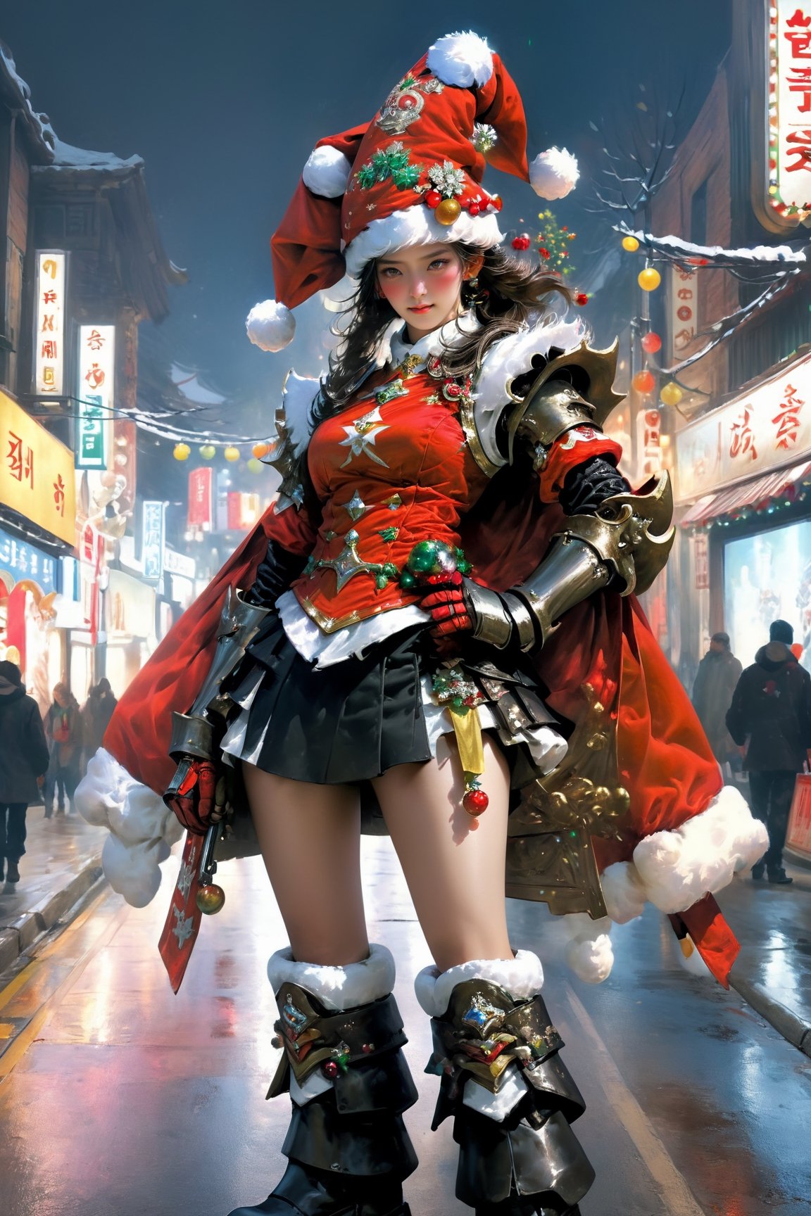 (Best quality,  8k,  realistic Masterpiece,  UHD:1.2),  centered,  detailed,  anatomically correct,  a beautiful korean,  (wearing santa claus mecha armor,  ,  (happy and seductive),  knee up photo,  ,  ),  and gems,  santa armor boots,  armor,  contrast colored embroidery adorned,  parade  Christmas  night street,,,,sooyaaa,horror