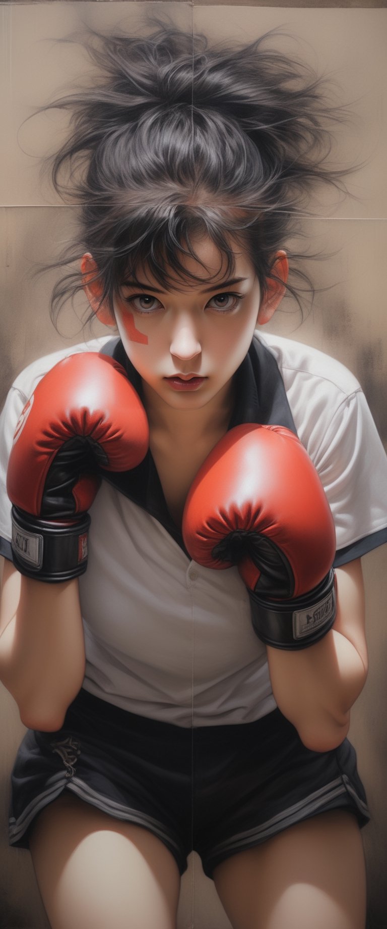 hyper realistic, photo realistic, (close up), comic style, , dark spring, dark kawaii, in a polo biker shorts, ((wearing large boxing gloves)), ,  triple exposure, perfect fingers, perfect body, japanese ink, immaculate composition, dynamic pose, brian viveros, katsuya terada, esao andrews, anne stokes, dynamic pose, dynamic light and shadow, hyperrealism,ct-jeniiii,sooyaaa, ct-fujiii