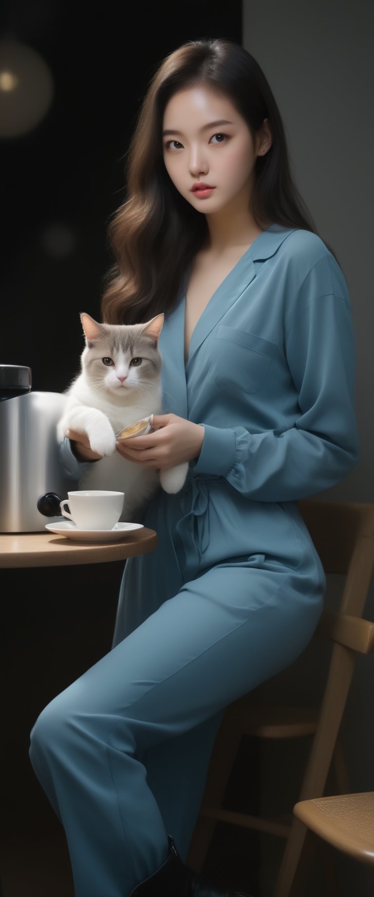 Realist portrait of a deception of ( breathtaking ethereal RAW photo of female ((extremely realistic photo)), (professional photo), (Best quality, 8k, 32k, Masterpiece, HD: 1.2),1 girl, most beautiful korean girl, Korean beauty model, stunningly beautiful girl, gorgeous girl, , , spacecore, beautiful girl,  jumpsuit , with her cat, coffee, galaxy and nebula lips and fingernails, long straight hair, tall boots , realistic airbrushed

,ct-jeniiii, ct-eujiiin, ct-goeuun, ct-fujiii