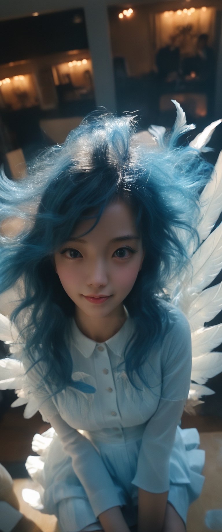 Masterpiece, beautiful details, perfect focus, uniform 8K wallpaper, high resolution, exquisite texture in every detail, ((Fisheye lens: 1.4)), one girl, solo, long hair, looking at viewer, blushing, smiling, open mouth, bangs, blue eyes, shirt, dress, holding, pigtails, sitting, blue hair, short sleeves, wings, indoors, white dress, halo, feathered wings, angel wings, white wings, smartphone, angel, holding smartphone
,IMGFIX