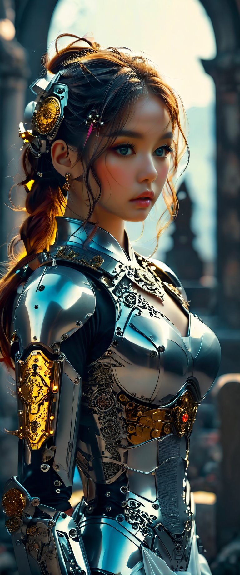 In a dimly and smoky atmosphere, a femme fatale cyborg  ((1 girl android, mechanical joints ,,, Korean beauty , beautiful girl, ,, , looking at viewer, Best Quality, Masterpiece, Beautiful, 16K, (HDR), High Contrast, Bokeh, , , Lens Flare, (Vivid Colors),)), Cinematic Lighting, Ambient Lighting, , Exquisite Details and Textures, Cinematic Shots, , (), Wide Shots, , Super Realistic illustration, Sienna's natural proportions, anime style, , long wavy hair, (colorful hair ), (graveyard. tomb), gray bracelet, , , , , , , , , shiny bracelet, (), solo, beautiful detailed eyes, {beautiful and exquisite eyes}, calm expression , delicate facial features, small earrings, ((holding a sword)), ((
)), charming figure, , (warrior paying tribute), fine lines, , ((medieval white armor, intricate armor, delicate gold filigree, intricate silk, and black metal parts)), elegant pose for a fashion  1 girl,mechanical parts, medieval cyberpunk, fantasy composition))
,Moviecinematic moviemaker style,Comic Book-Style,ct-virtual ,ksclaire,cinematic  moviemaker style,Cinematic , ct-fujiii,Shutara Senjumaru, ct-eujiiin,txznmec